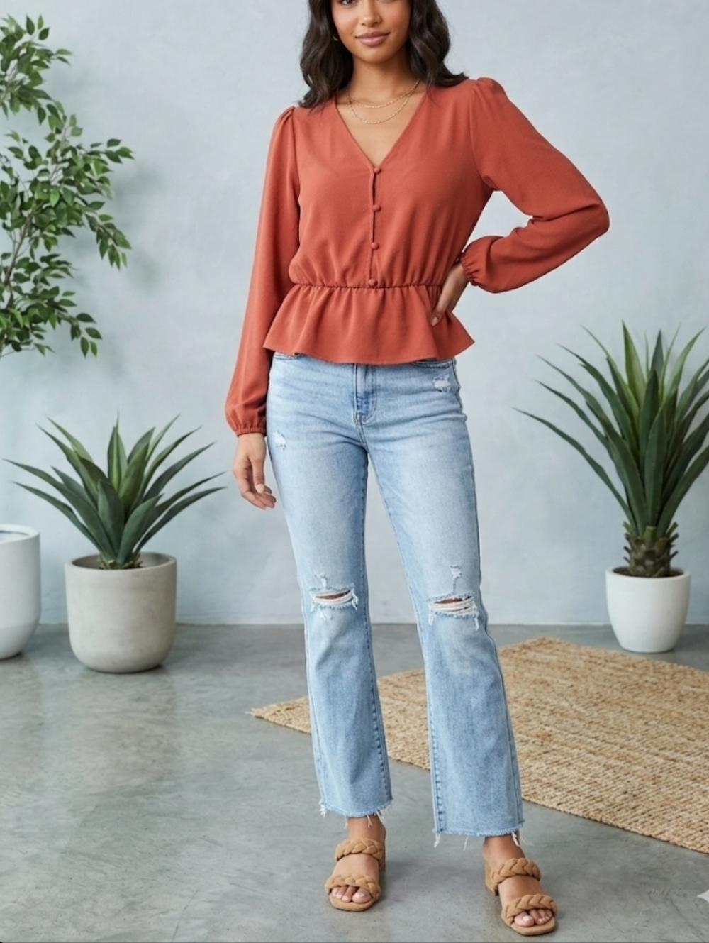 NWOT Olive + Oak Rust V-Neck Peplum Button Blouse